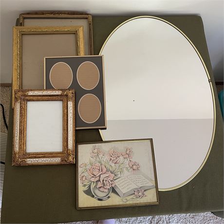 Nice Variation of Old Photo Frames Oval Thin Gold Tone Frame Mirror & Floral Art
