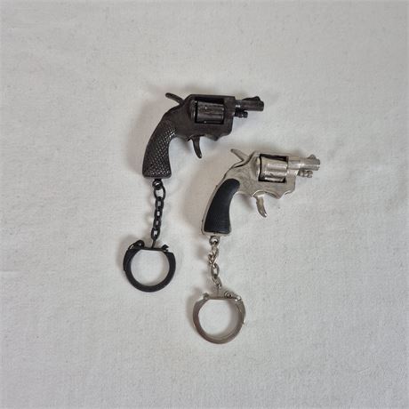 Vtg 1970s Miniature Die-Cast Cap Gun Keychains - Revolver Pair