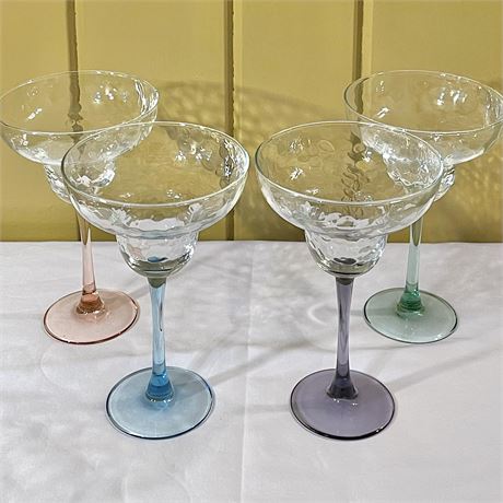 (4) Hammered Glass Look w/ Colored Stems Luminary Margarita Glasses