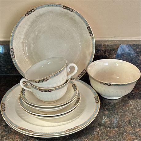 Setting of 2 Antique Fine China Floral Rimmed Dinnerware w/ Serving Bowls (10pc)