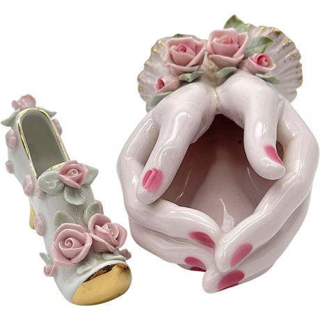 Vtg Napco Porcelain Hands Vanity Dish & Miniature Shoe Figurine