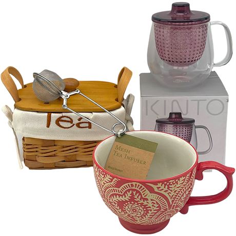 New Tea Time Bundle w/ Kinto Unitea Unimug, Tea Wicker Basket, Infuser and Mug