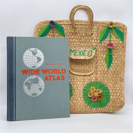 Vintage Mexico Woven Straw Tote Bag with World Map Book