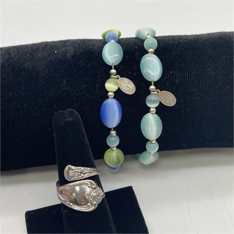 Pair of Handmade 925 Beaded Stretch Bracelets and size 7.5 Oneida Spoon Ring