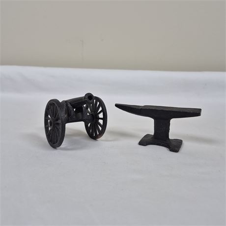 Vtg Mini Cast Iron Cannon & Anvil Set – Civil War‑Era Style Replicas