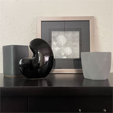 Decorative Grey Tones Lot with Art Piece, Vase and Pots