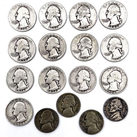 (13)1934-1941 "Mainly D" Silver Quarter Coins w/ (4)1941-1944 "Mainly P" Nickels