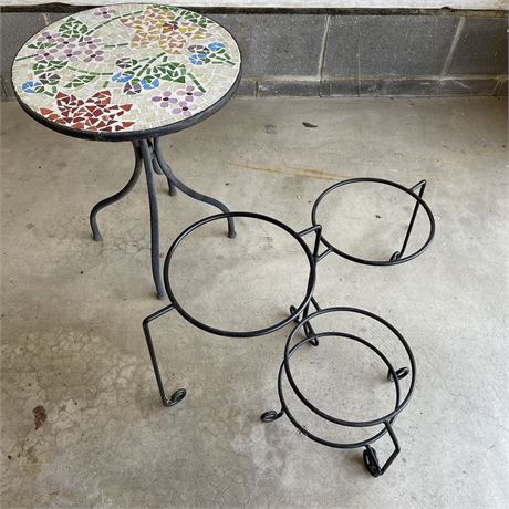 Mosaic Tile Plant Stand with Adjustable Metal Stand