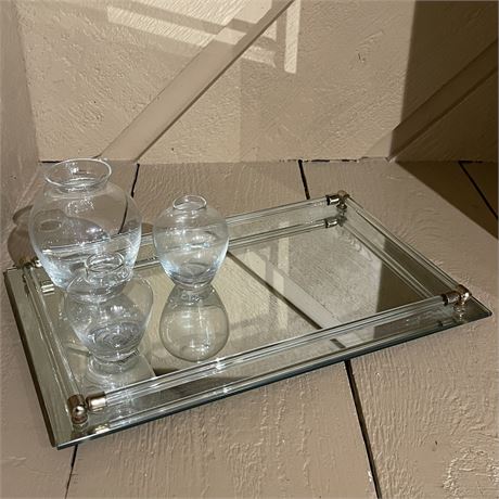 Dresser Top Mirror Tray with Glass Rods and Clear Glass Vases