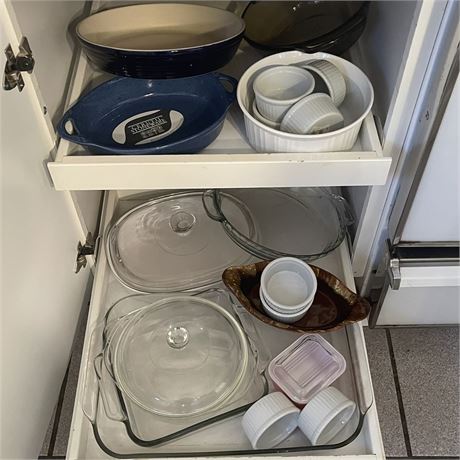 Variety of Stoneware and Glass Baking Dishes Cabinet Clean-Out