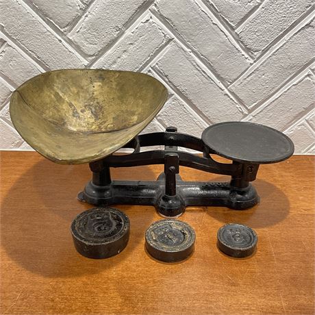 Vintage Cast Iron Scale with Brass Tray and Weights