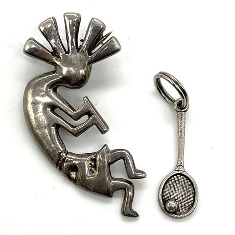 Sterling Silver Kokopelli Pin and Tennis Racquet Charm