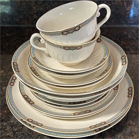 Setting of 2 Antique Fine China Floral Rimmed Dinnerware (14pc)