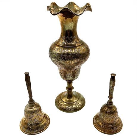 Vintage J.D. India Brass Floral Etched Bells and Vase Set