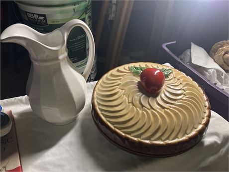 Vintage ceramic pie keeper, dish with a lid, and a