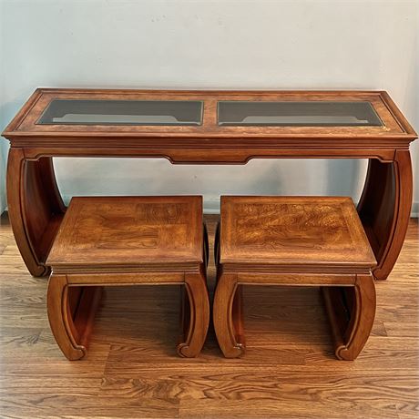 Thomasville Mystique Chinoiserie Beveled Glass Top Console Table & Benches