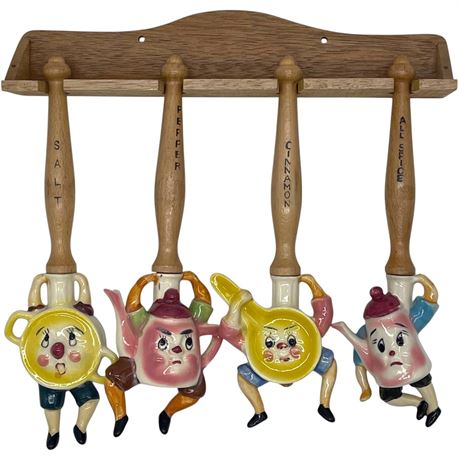 Vtg Hanging Spice Face Shakers with Rack