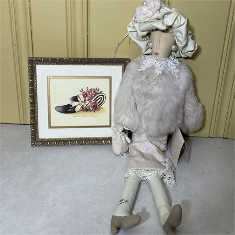Vtg Carman Manago Cloth Doll w/ Rabbit Fur Coat and Framed Victorian Shoe Print