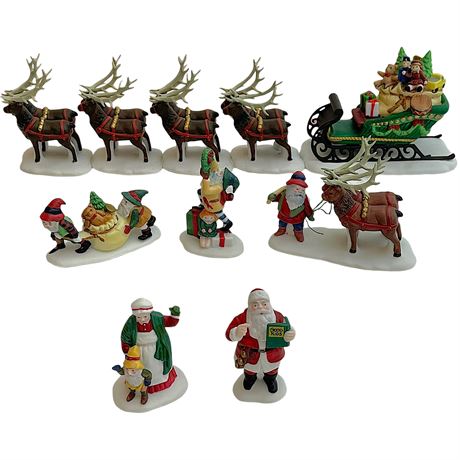 Heritage Village Collection Santa & Mrs Claus, Reindeer w/ Sleigh, and Elves