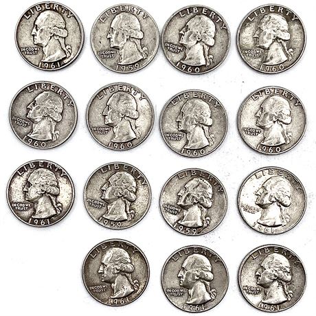 (15) 1954-1961 "Mainly D" Silver Quarter Coins