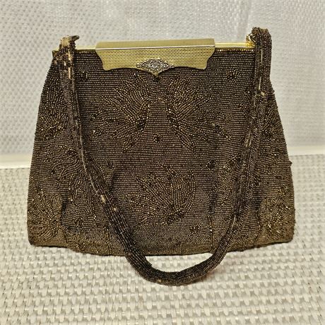 Antique 1940's French Bronze Beaded Handbag with a Gold-Tone Clasp & Silk Lining