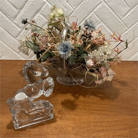 Glass Basket with Artificial Flowers and Glass Rearing Horse Figurine