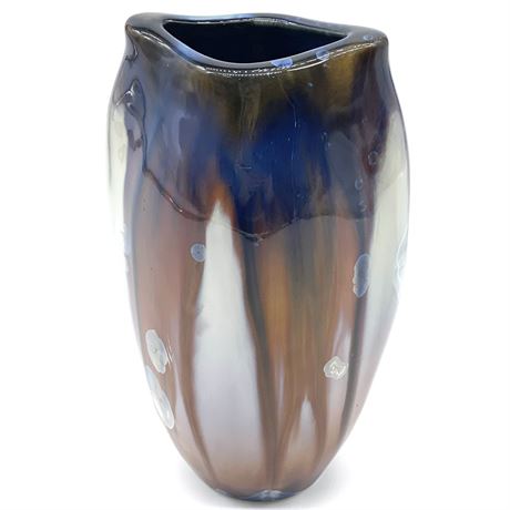 Bill Campbell Signed Pinch-Top Blue Drip Glaze Pottery Vase