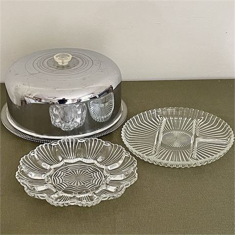Vtg Kromex Cake Plate and Cover with Coordinating Serving Plates