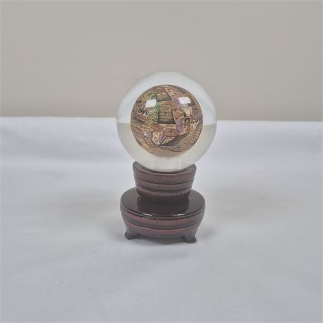 Vtg Chinese Reverse Hand‑Painted Crystal Paperweight on Spinning Stand
