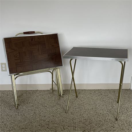 Set of 3 Mid-Century Folding TV Trays w/ Rolling Stand