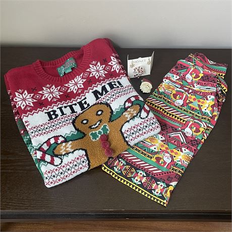 Christmas "Bite Me" XL Sweater and OS LuLaRoe Buttery Soft Pants w/ Jewelry