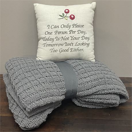 New w/ Tags Crocheted Blanket with Coordinated Funny Quote Pillow