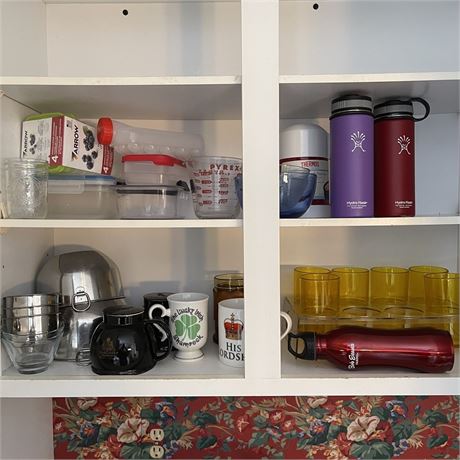 Cabinet of Misc Kitchen Items w/ Hydro Flasks, Mixing Bowls, Containers and More