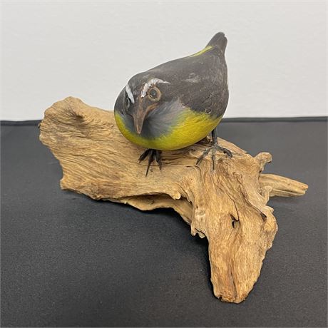 Signed - Vintage Hand Carved and Painted Yellow Robin on Wood