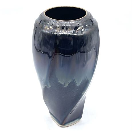 Bill Campbell Signed Tapered and Twisted Blue Drip Glaze Pottery Vase