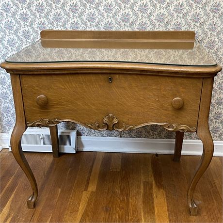 Antique Serpentine Front Glass Top Single Drawer Side Table w/ Carved Details