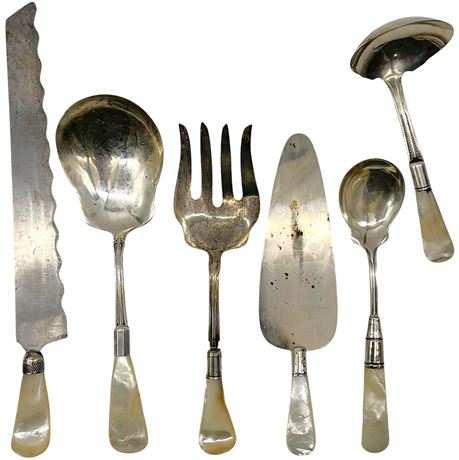 Antique 925 Sterling Silver Mother-of-Pearl Handled Flatware Serving Pieces
