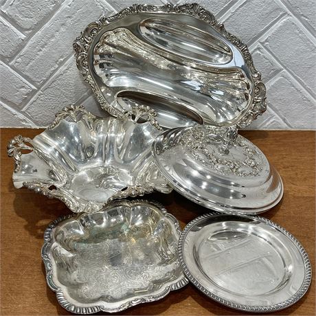 Lot of Silver-Plated Serving Pieces w/ Misc Dish Lid
