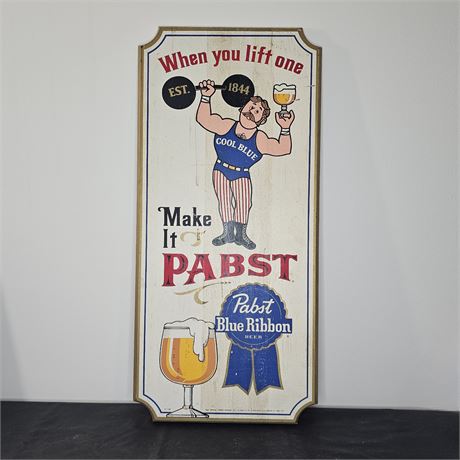 Pabst Blue Ribbon Beer Wooden Weightlifter Sign