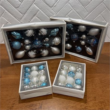 4 Boxes of Blue Toned Glass Ornaments - 2 of "Be Jolly", 2 of "Silver Noel"