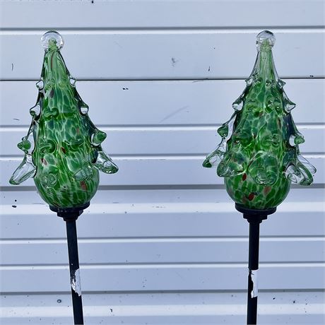 Pair of Solar Powered Glass Tree Garden Stakes