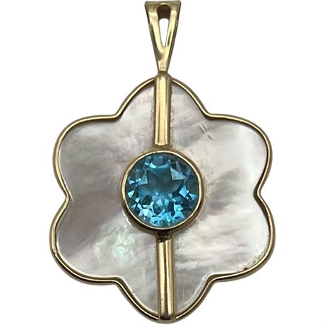 14K Yellow Gold Mother of Pearl Blue Topaz Pendant