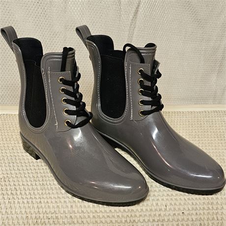 Roma Women's Chelsea Lace-Up Gray Rubber Rain Boots-Size6