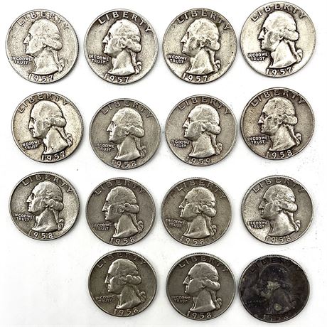 (15) 1957-1959 "Mainly D" Silver Quarter Coins