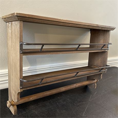 Vtg Wood Iron Railed 2-Shelf Wall Display w/ Bottom Hanging Bar