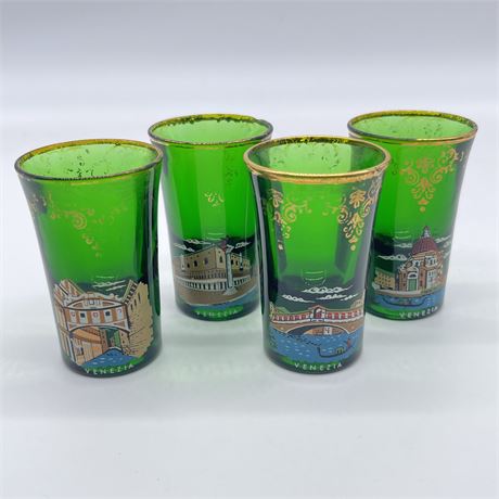 Lot of 4 Vintage Venezia Green With Gold Accent Shot Glasses