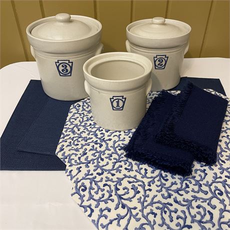 Pfalzgraff Yorktowne Crock Canisters w/ Coordinated Placemats & Kitchen Towels