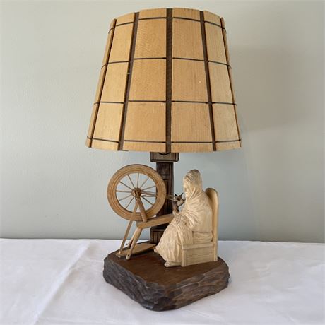 Carved Wood Folk Art Spinning Wheel Table Lamp