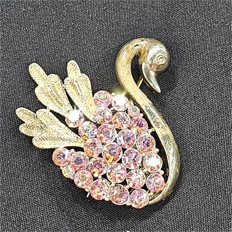 Pink Swan Brooch Pin Pink Rhinestones & Crystals