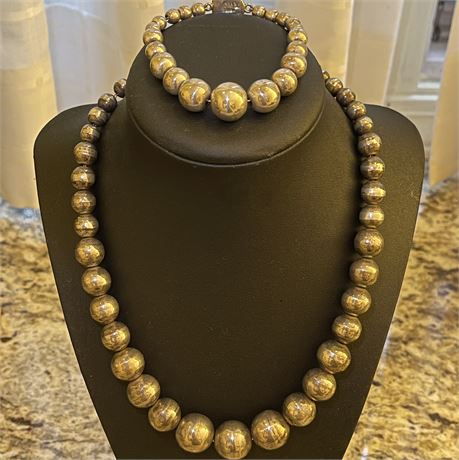 925 Sterling Silver Beaded Necklace and Bracelet Set Made in Mexico